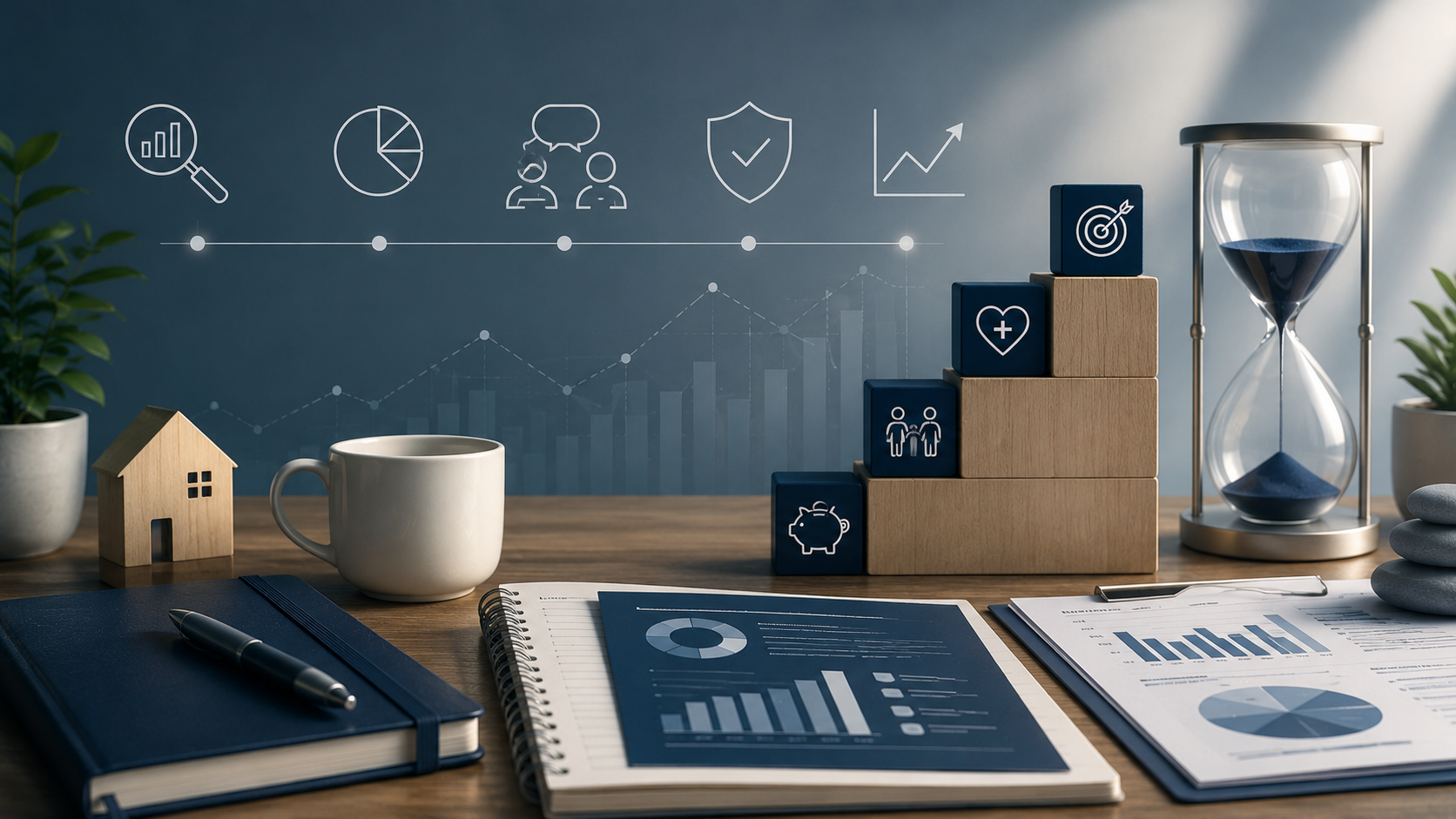 Beitragsbild zum Thema „Was macht ein Finanzcoach?“ mit Symbolen für Finanzanalyse, persönliche Ziele, Sicherheit, Vermögensaufbau und langfristige Finanzplanung.