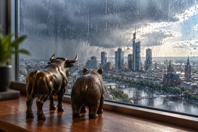 Bronzefiguren von Bulle und Bär auf einer Fensterbank, dahinter die Frankfurter Skyline bei Gewitter mit aufklarendem Himmel am Horizont