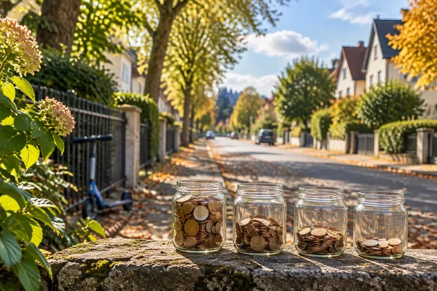 Vier unterschiedlich gefüllte Münzgläser auf einer Gartenmauer vor einer herbstlichen Wohnstraße als Symbol für die Vier-Töpfe-Strategie beim Altersvorsorgedepot
