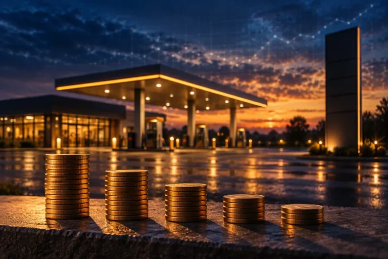 Abnehmende Münzstapel vor einer Tankstelle in der Abenddämmerung als Symbol für Inflation und schwindende Kaufkraft