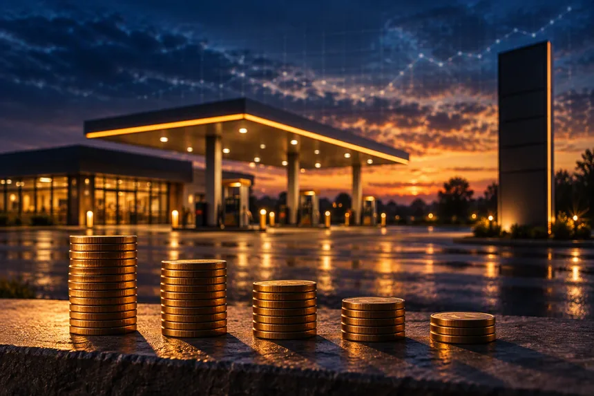 Abnehmende Münzstapel vor einer Tankstelle in der Abenddämmerung als Symbol für Inflation und schwindende Kaufkraft